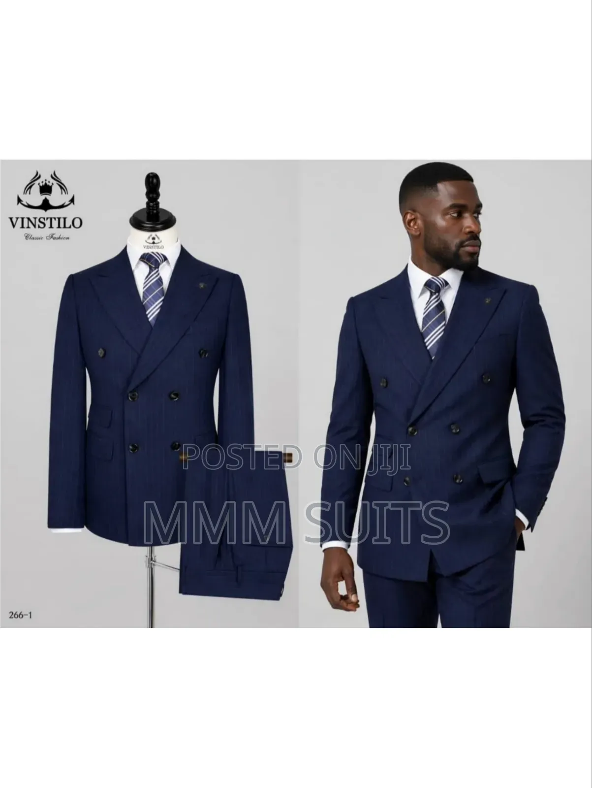 Eloquent 2-Piece Vinstillo Stripped Double-Breasted Men's Suit Navy