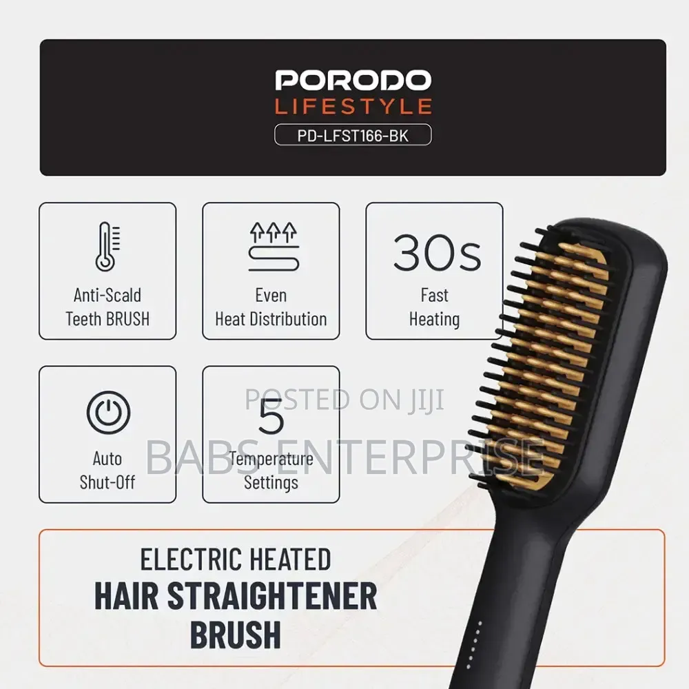 Porodo Lifestyle 30w Electric Heated Hair Straightener Brush – Black