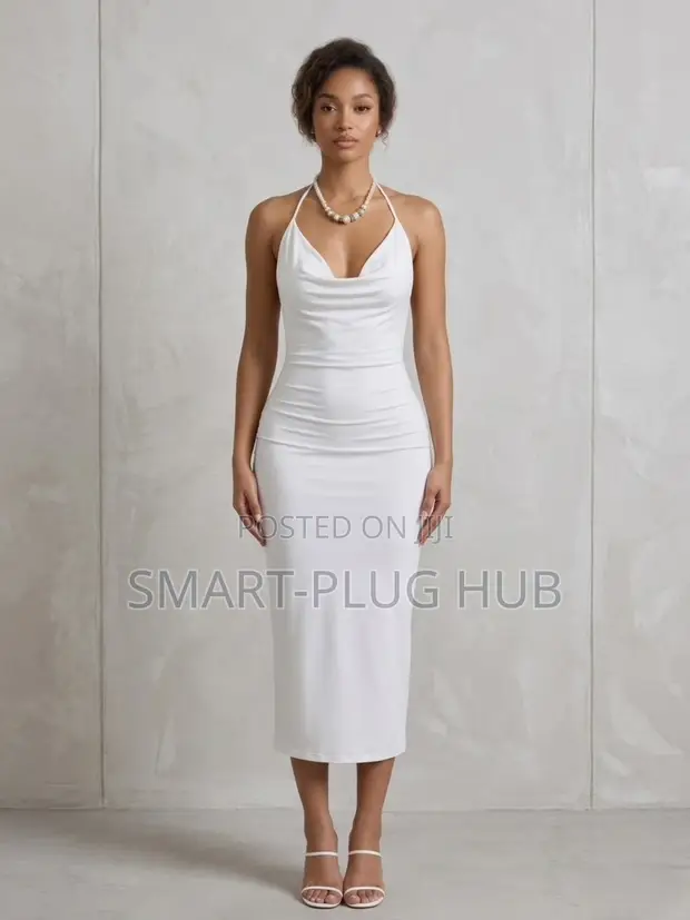 Halter Cowl-Neck Midi Dress With Lace-Up Open Back and Ruched Detail for  sale - Smart-Plug Hub  Price: GH 100 on Jiji.com.gh [Weija]