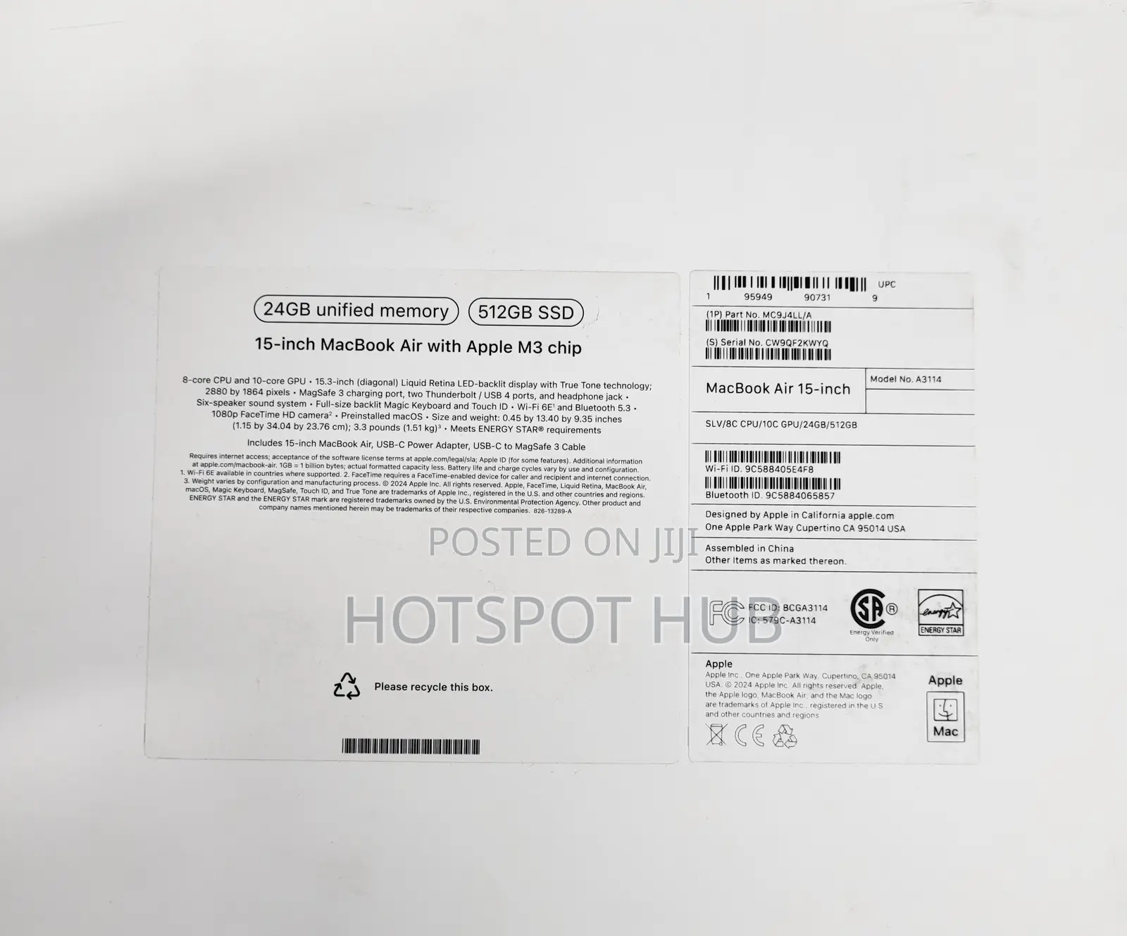 New Laptop Apple MacBook Air 2024 M3 15-inch 24GB Apple M3 SSD 512GB