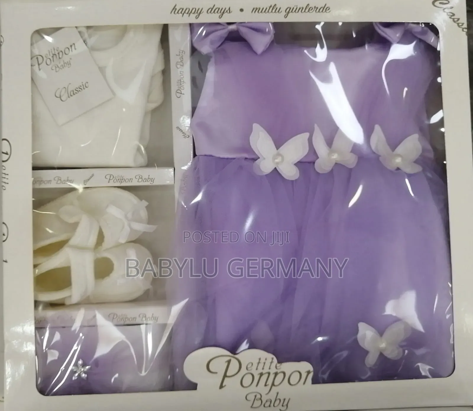 Purple and White Baby Dress Set With Shoes, Onesie and Headband