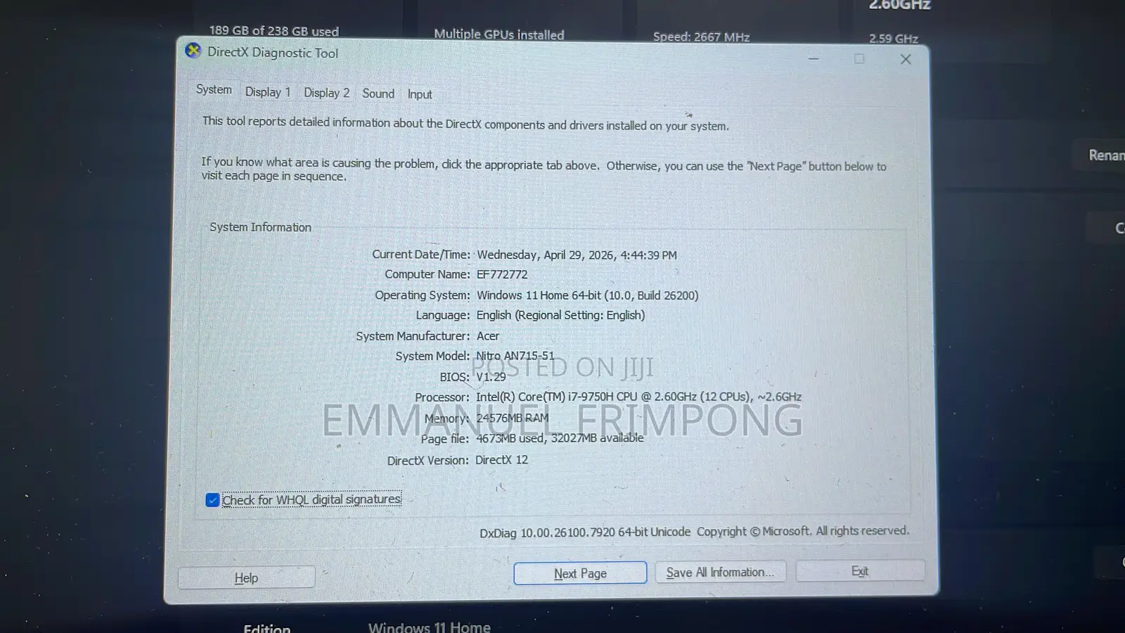 Laptop Acer Nitro 17 24GB Intel Core i7 SSD 256GB
