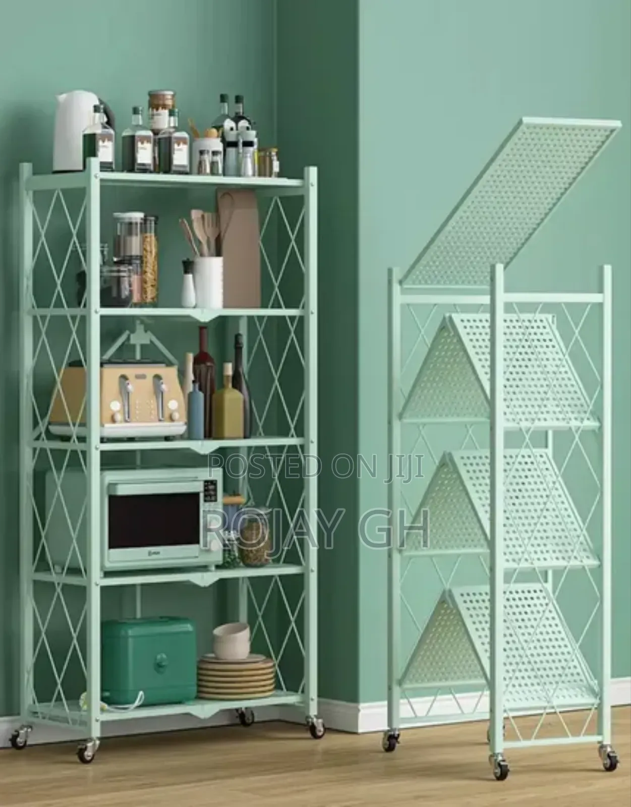5-Tier Heavy Foldable Storage/Kitchen Duty Rack With Wheels - Green