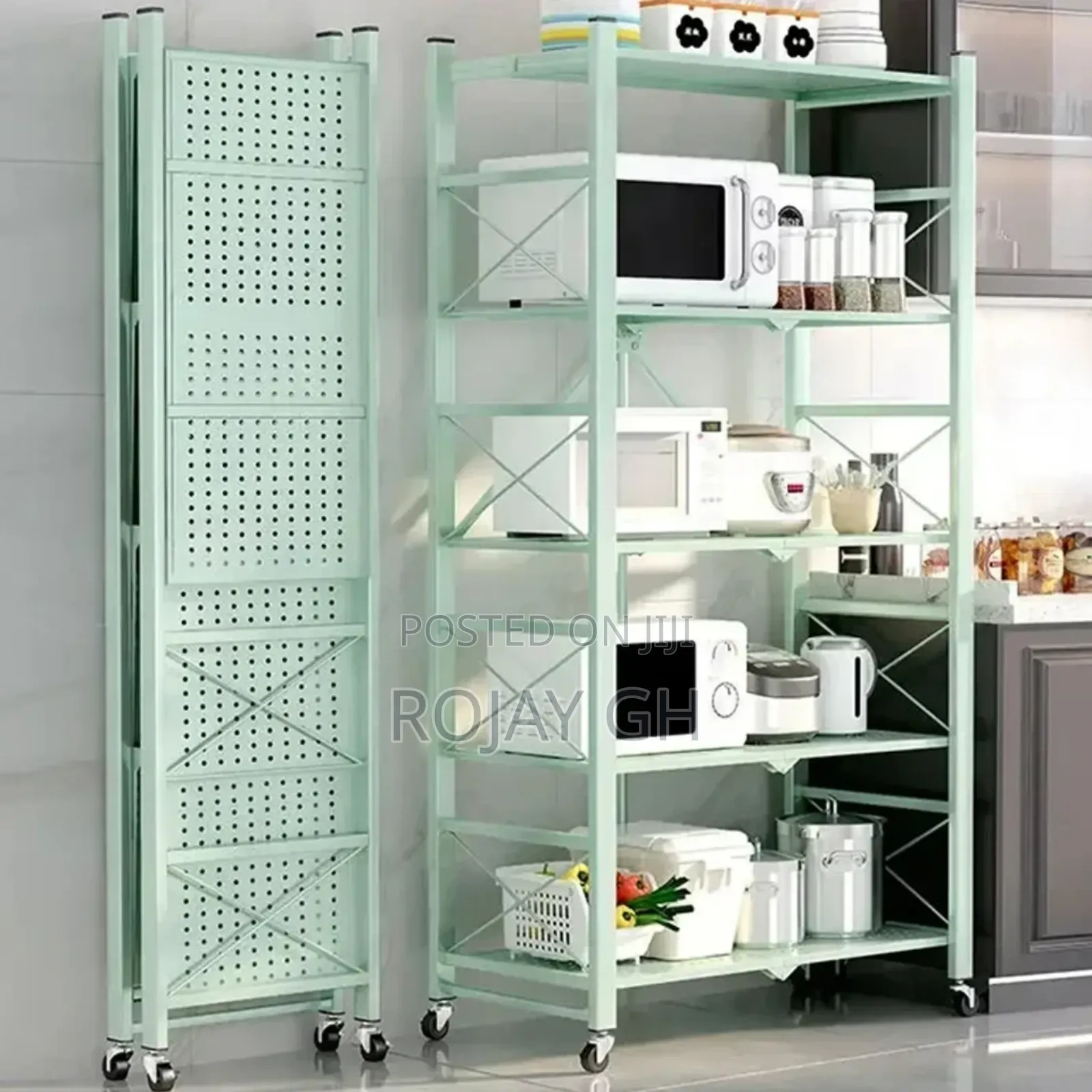 5-Tier Heavy Foldable Storage/Kitchen Duty Rack With Wheels - Green