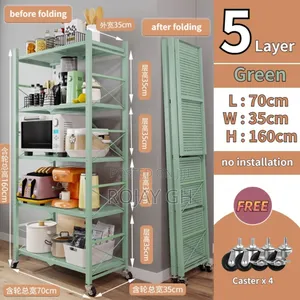 5-Tier Heavy Foldable Storage/Kitchen Duty Rack With Wheels - Green