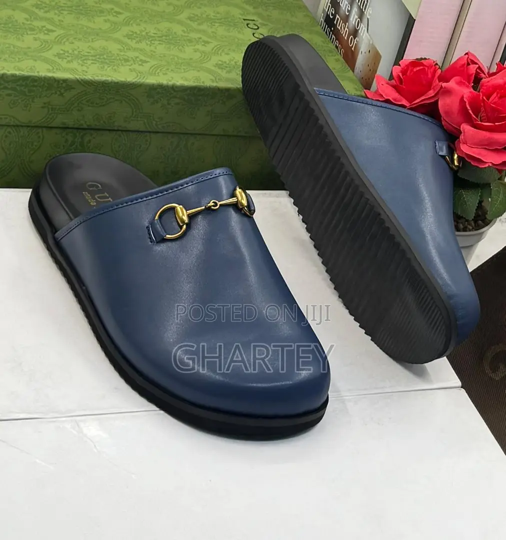 Gucci Luxury Horsebit Design Leather Slide Loafers - Blue Black