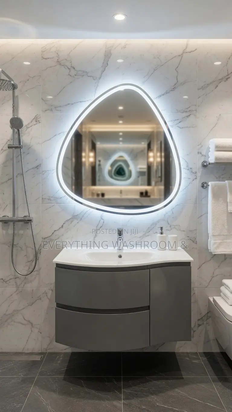 Modern Grey Curved Bathroom Vanity/Basin With Led Illuminated Mirror