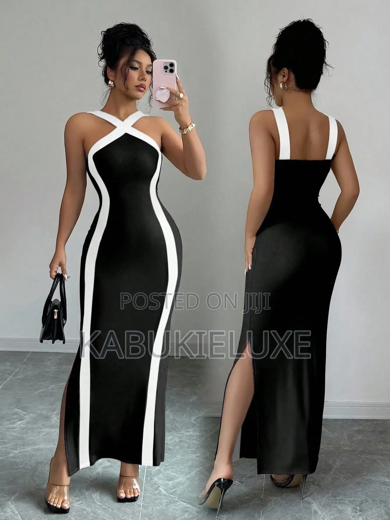 Elegant Black White Bodycon Maxi Dress – Sleek Classy