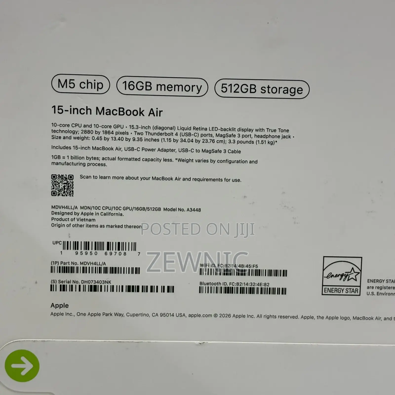 New Laptop Apple MacBook Air 2026 M5 15-inch 16GB Apple M5 SSD 512GB