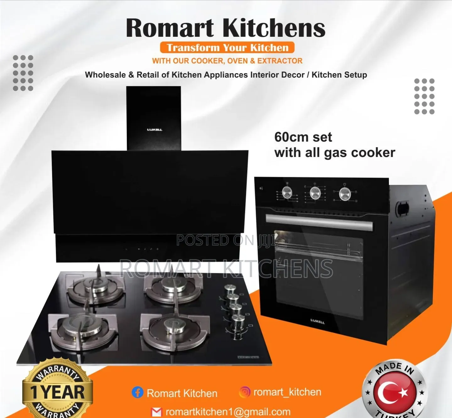 Turkish 60cm Inbuilt Glass Set. Oven, Hob and Heat Extractor