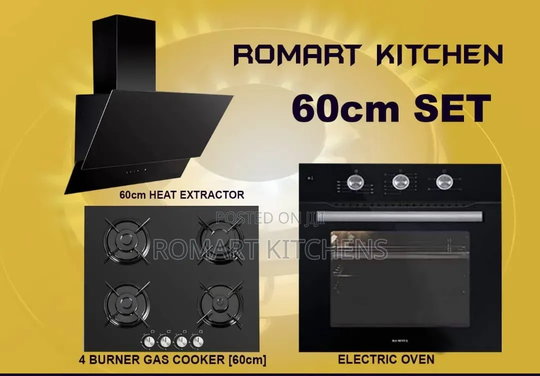 Luxell 60cm Inbuilt 4 Burner Glass Set. Oven, Hob and Heat Extractor
