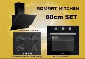 Luxell 60cm Inbuilt 4 Burner Glass Set. Oven, Hob and Heat Extractor