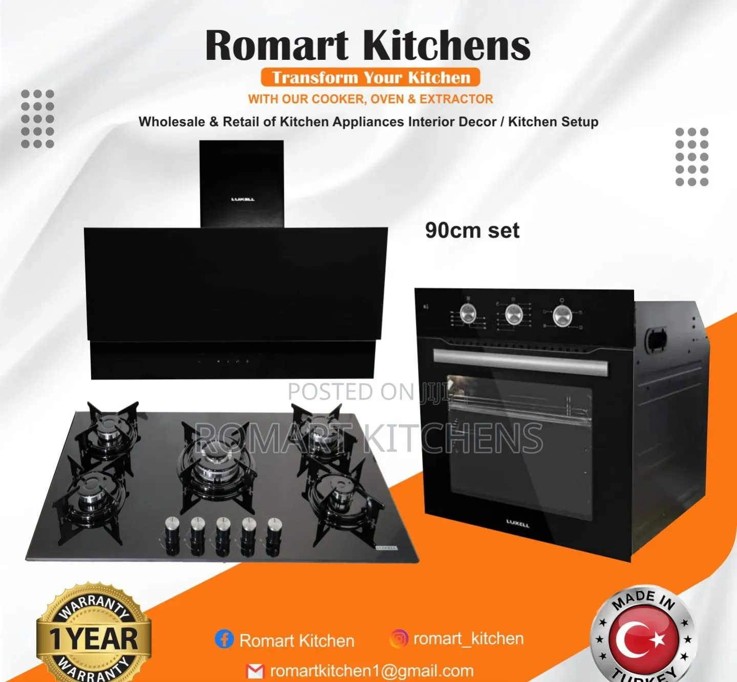 90cm Inbuilt Glass Set 5 Burner. Oven, Hood and Heat Extractor