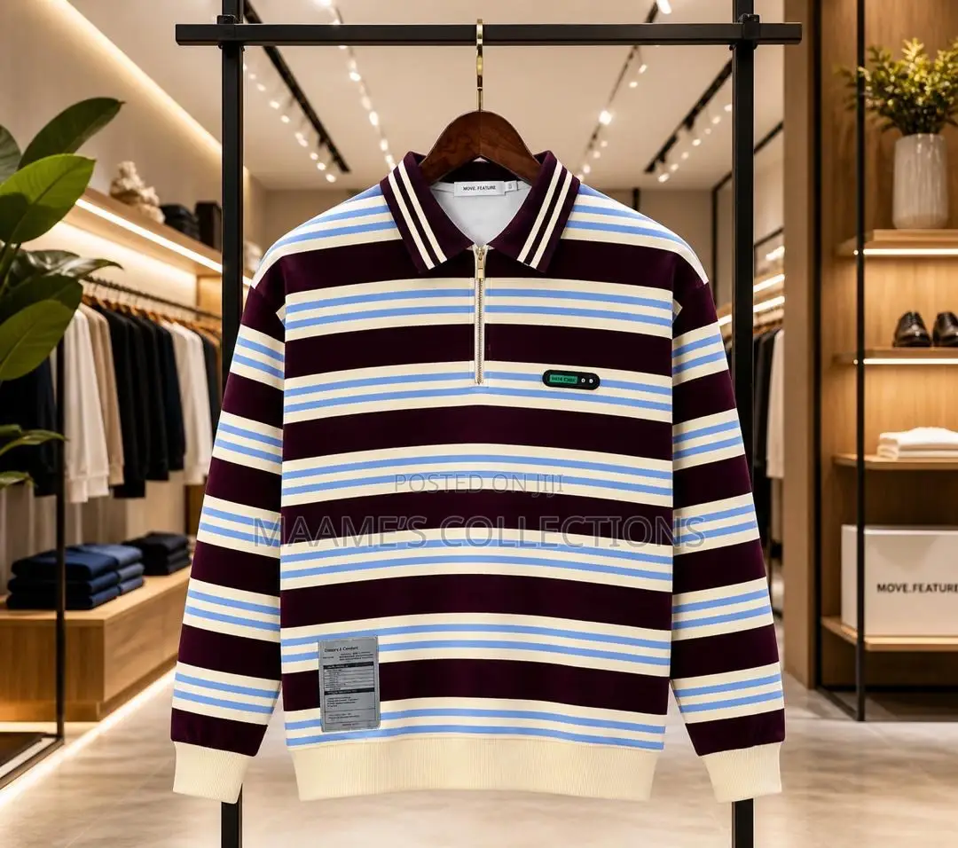 Men’S Striped Long-Sleeved Polo Sweatshirt With a Partial Zip