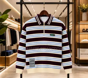 Men’S Striped Long-Sleeved Polo Sweatshirt With a Partial Zip