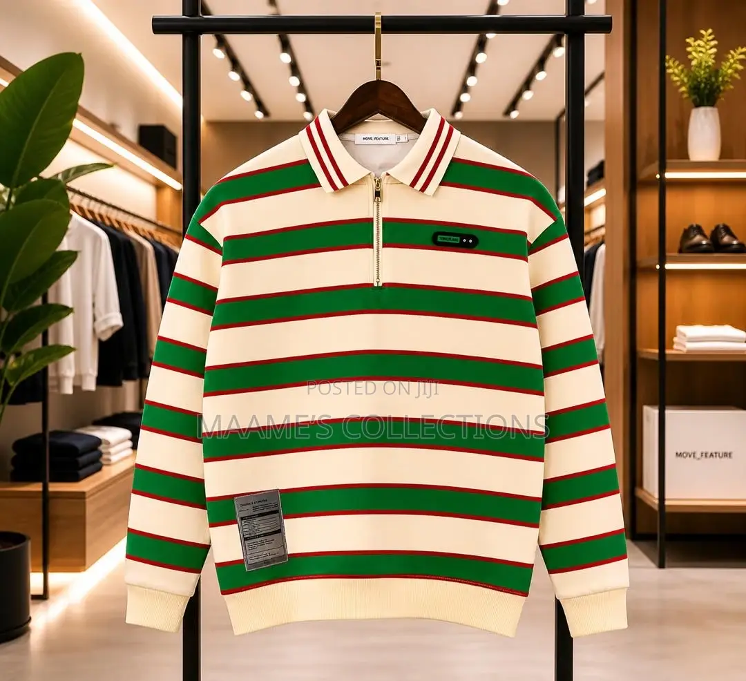 Men’S Striped Long-Sleeved Polo Sweatshirt With a Partial Zip