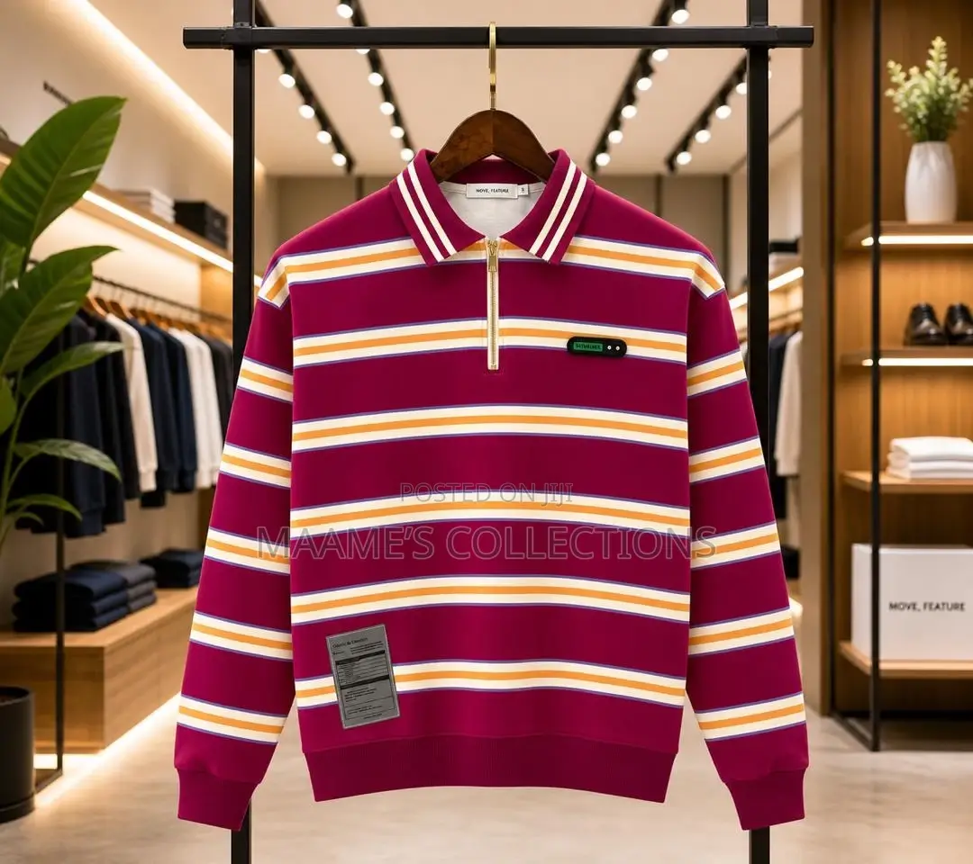 Men’S Striped Long-Sleeved Polo Sweatshirt With a Partial Zip