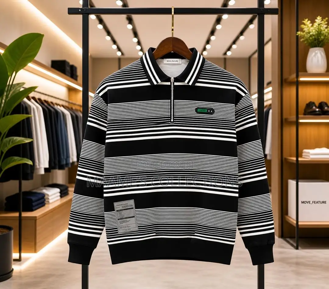 Men’S Striped Long-Sleeved Polo Sweatshirt With a Partial Zip