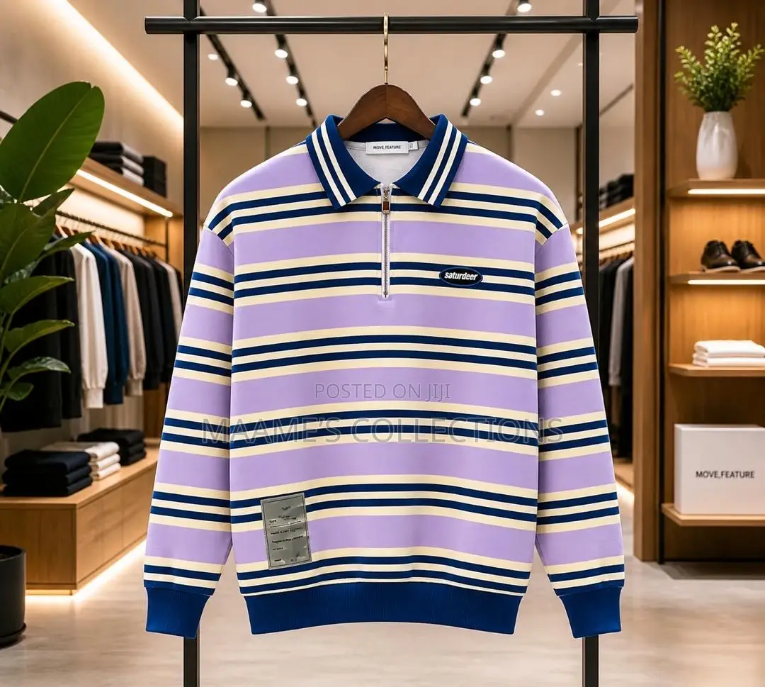 Men’S Striped Long-Sleeved Polo Sweatshirt With a Partial Zip
