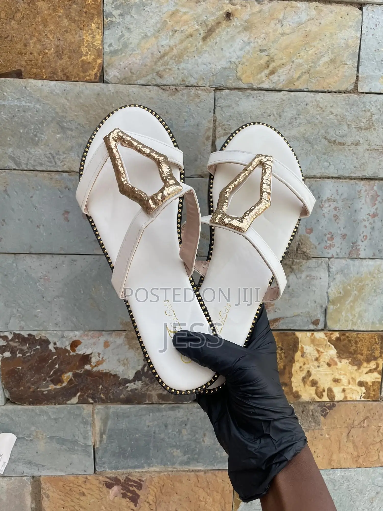White, Faux Leather Slipper With Metallic Keyhole Design