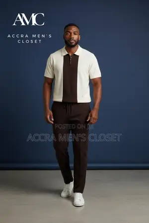 Men's 2-Piece Casual Set - V-Neck, Colour Block Polo Trouser Sets