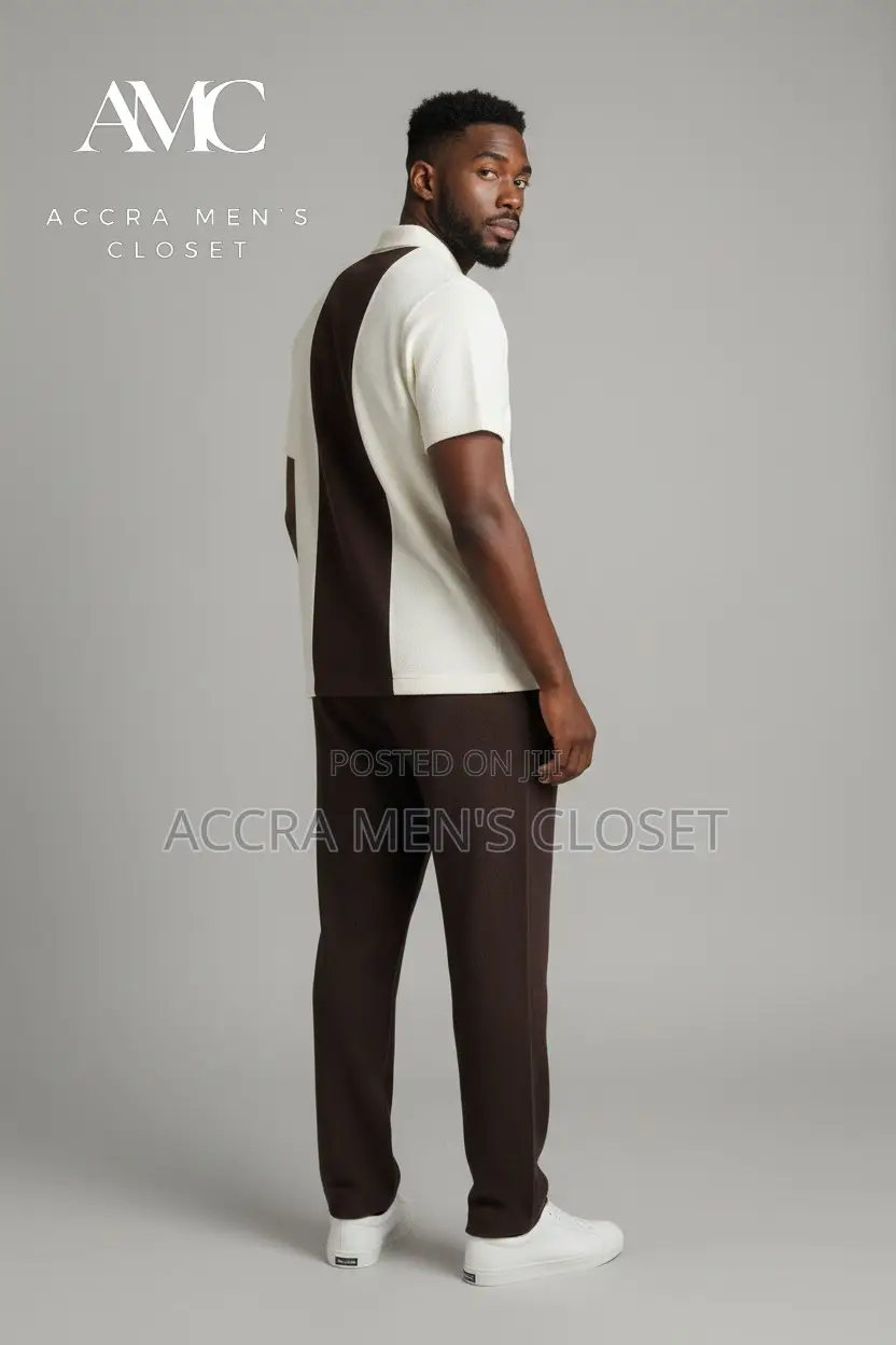 Men's 2-Piece Casual Set - V-Neck, Colour Block Polo Trouser Sets