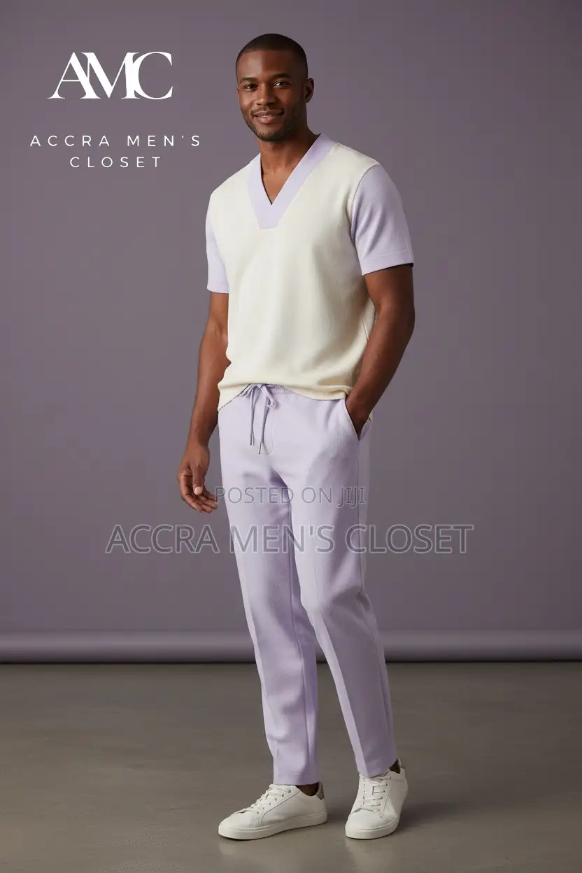 Men's 2-Piece Casual Set - V-Neck, Colour Block Polo Trouser Sets