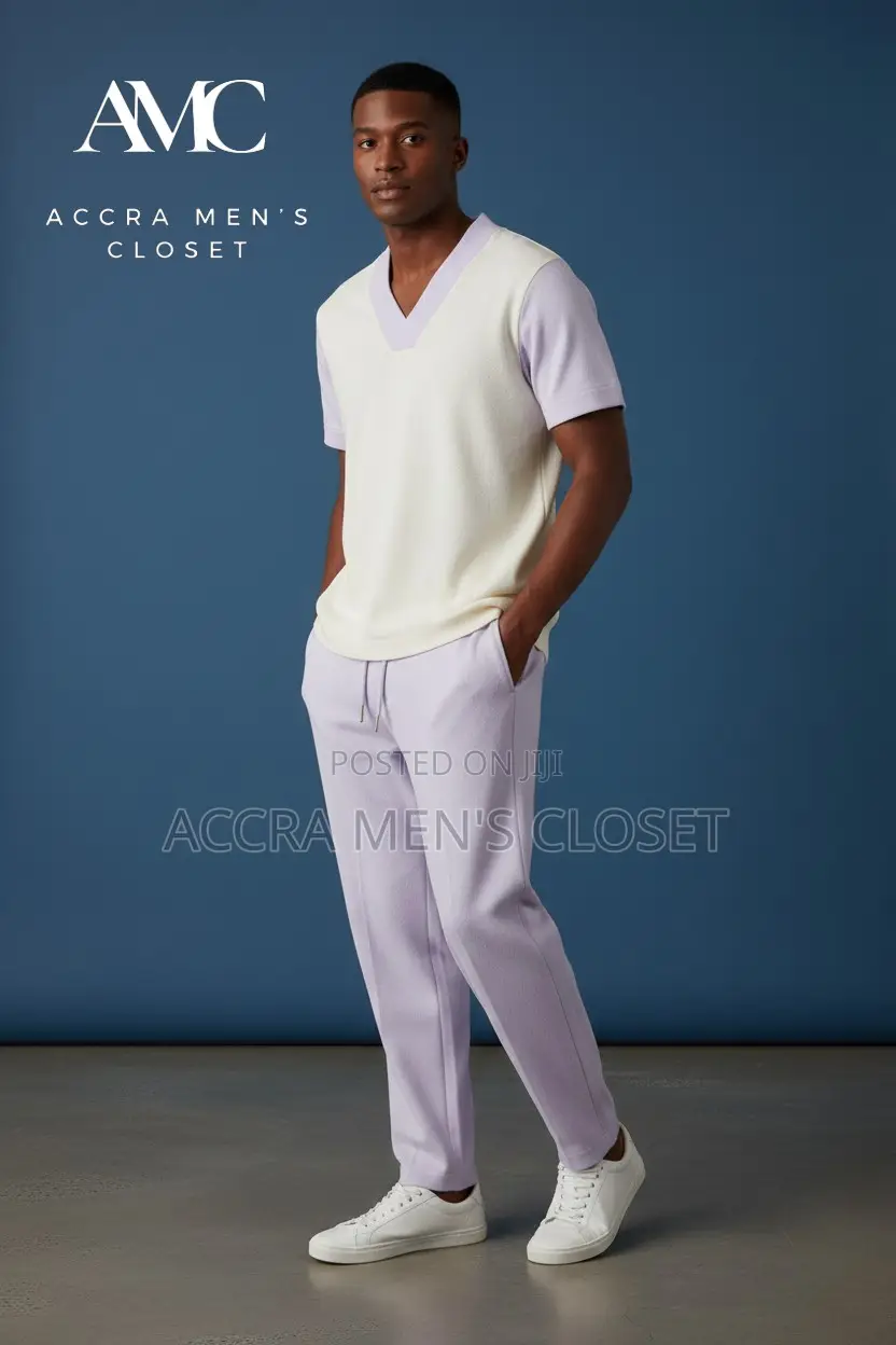 Men's 2-Piece Casual Set - V-Neck, Colour Block Polo Trouser Sets