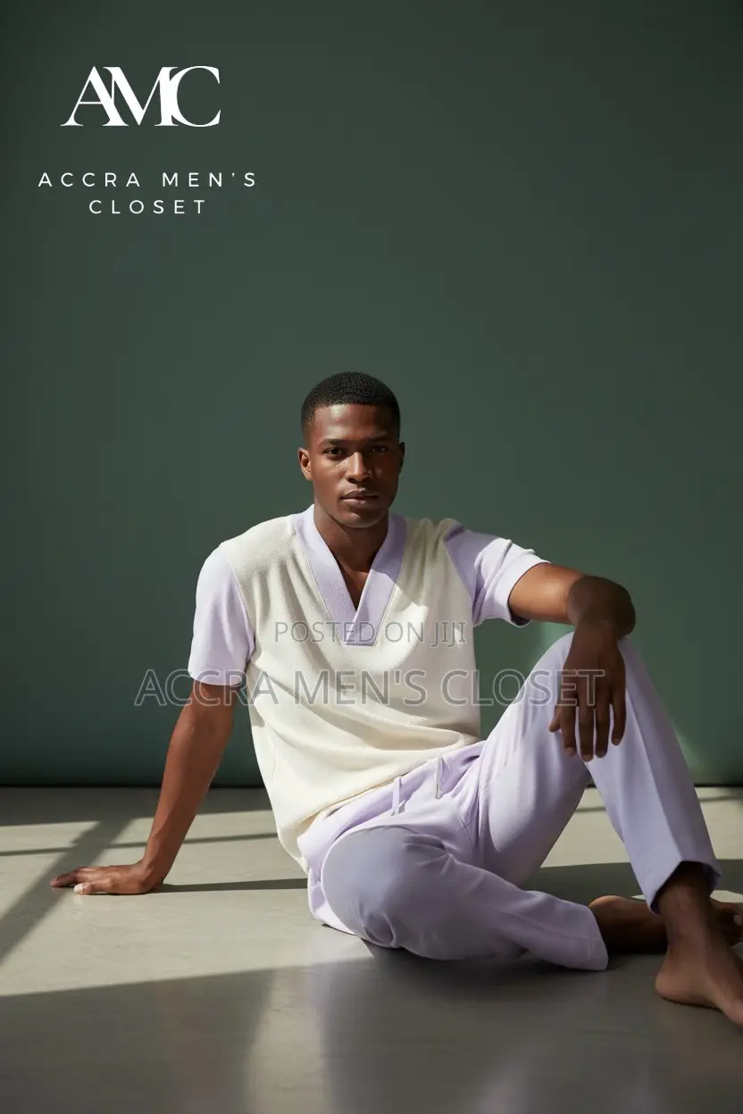 Men's 2-Piece Casual Set - V-Neck, Colour Block Polo Trouser Sets