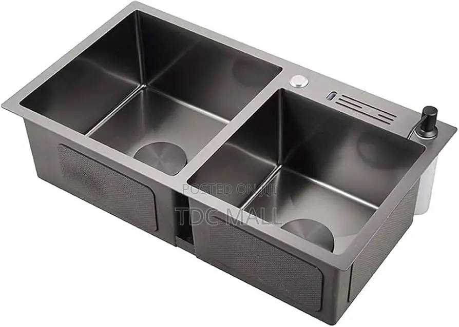 Premium Black Kitchen Sink–Double Bowl With Knife Holder Accessories