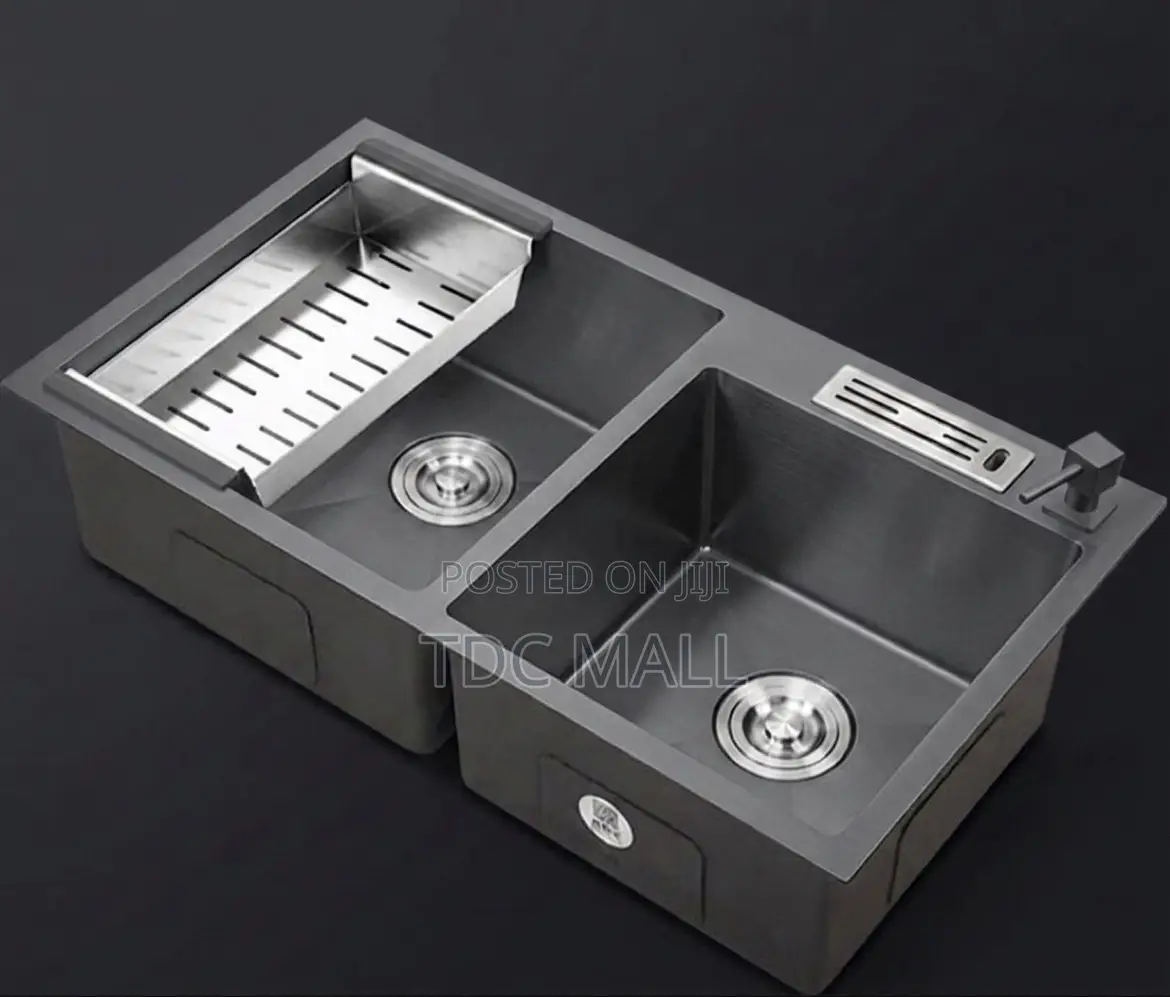 Premium Black Kitchen Sink–Double Bowl With Knife Holder Accessories