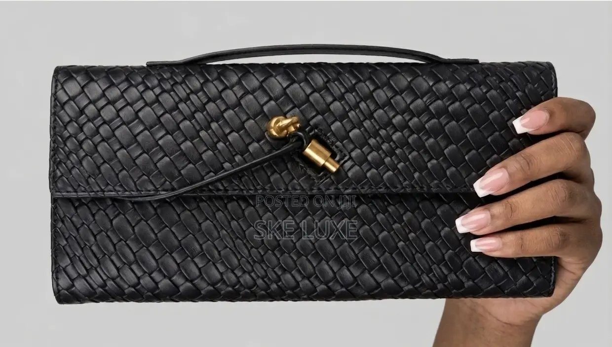 Premium Black Woven Leather Clutch With Gold Knot