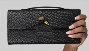 Premium Black Woven Leather Clutch With Gold Knot