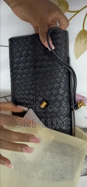 Premium Black Woven Leather Clutch With Gold Knot