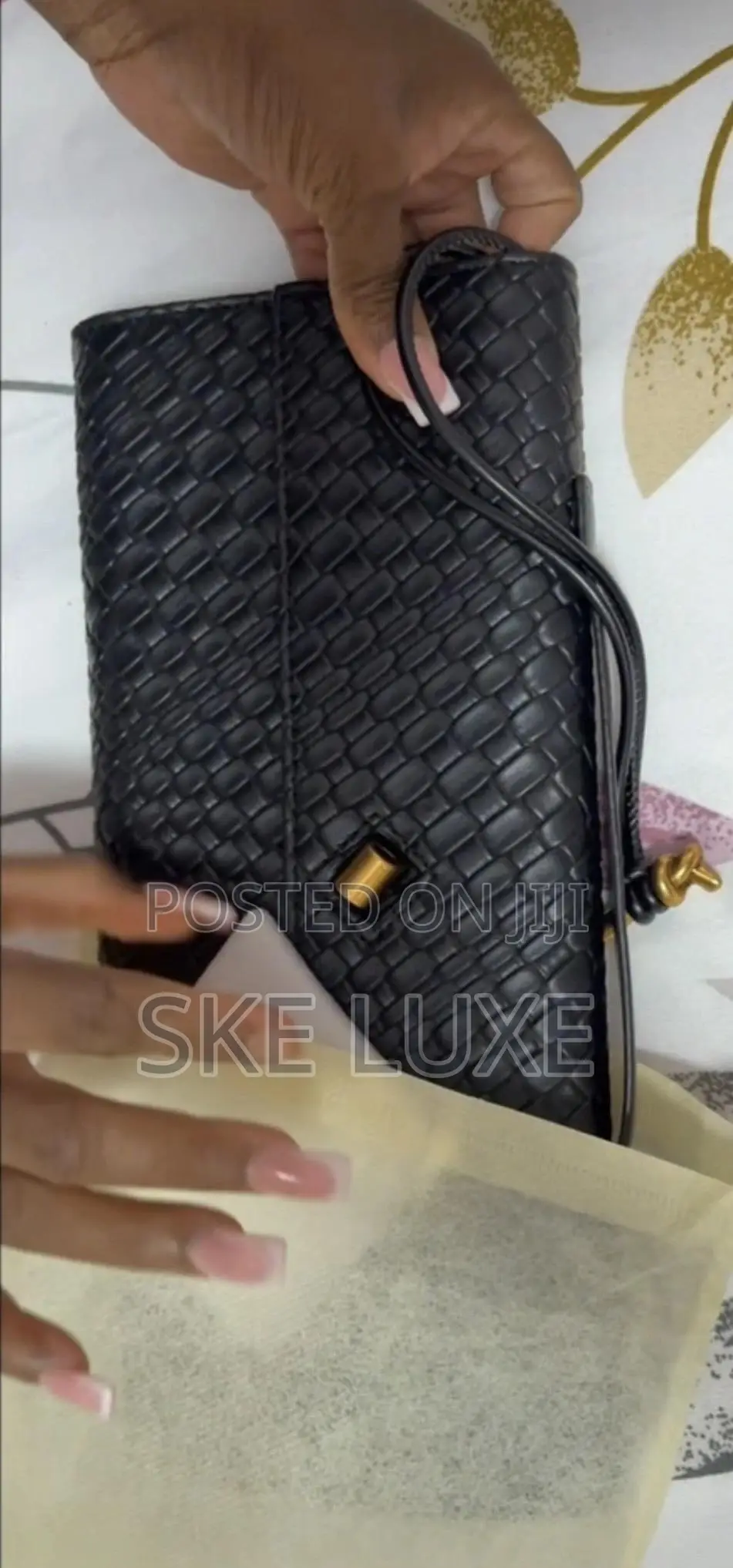 Premium Black Woven Leather Clutch With Gold Knot