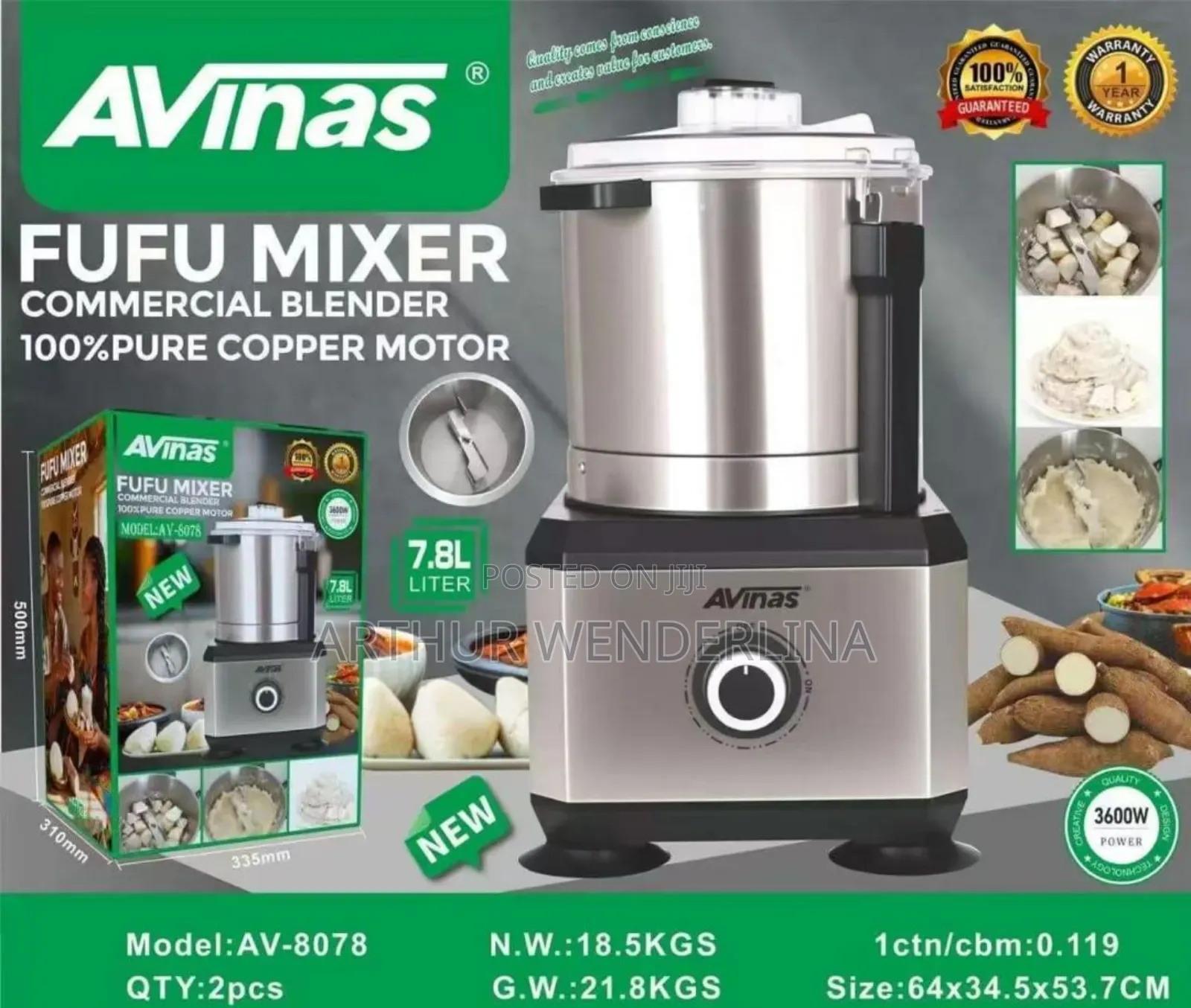 Avinas Heavy Duty Fufu Mixer 7.8l High Power Food Processor 3600w