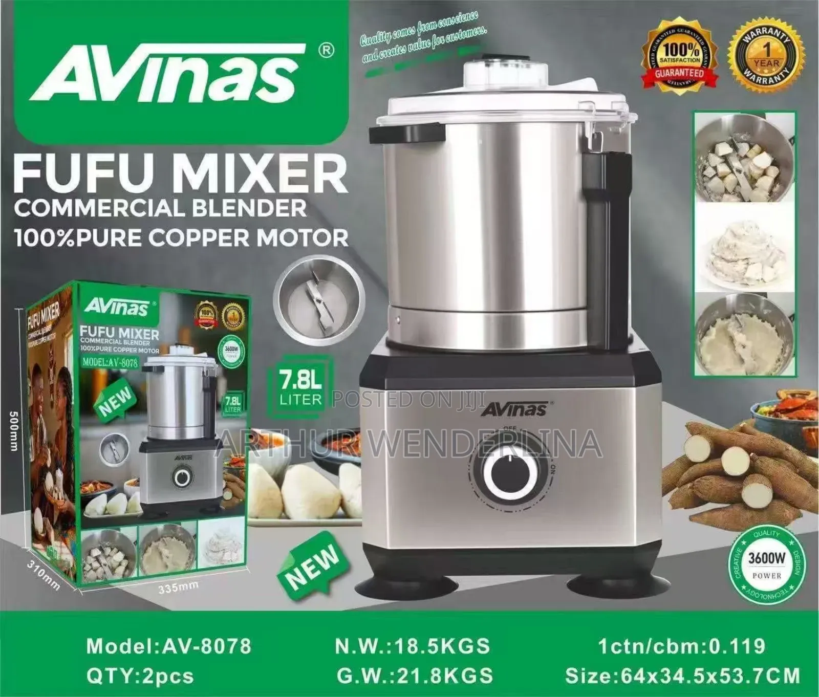 Avinas Heavy Duty Fufu Mixer 7.8l High Power Food Processor 3600w