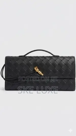 Premium Black Woven Leather Clutch With Gold Knot
