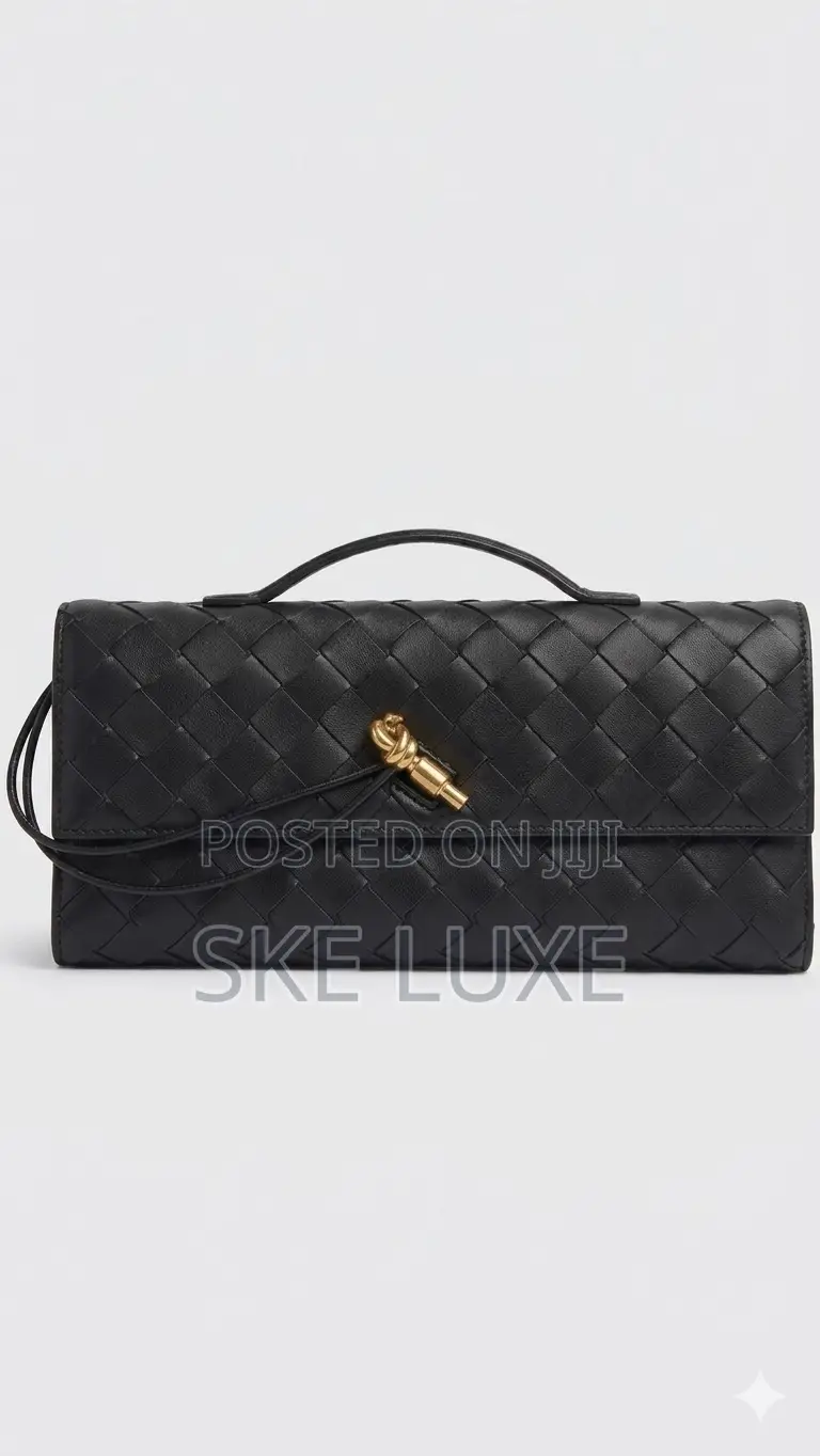 Premium Black Woven Leather Clutch With Gold Knot