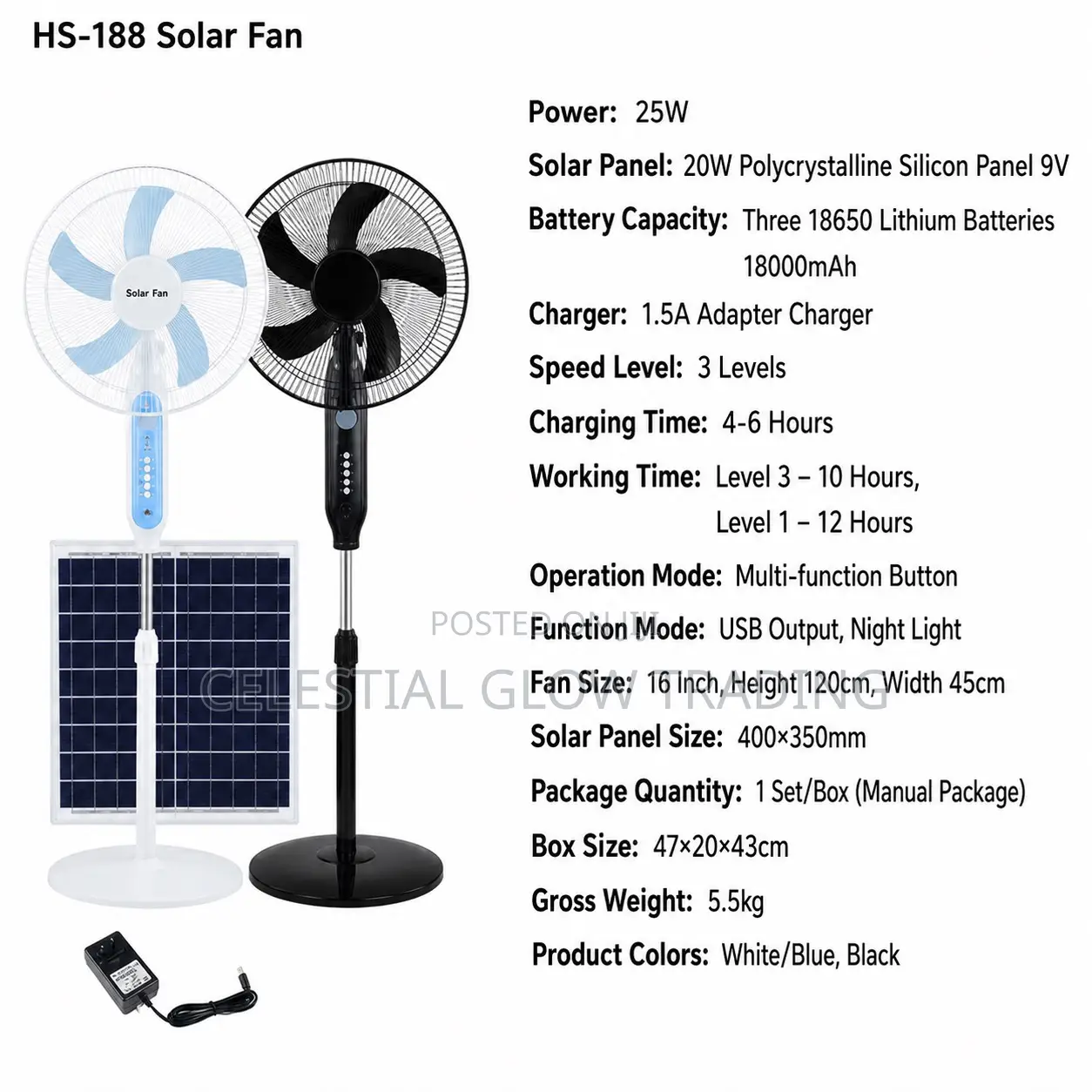 Rechargeable Solar Fan 16 Inch 25w With 18000mah Battery Solar Panel