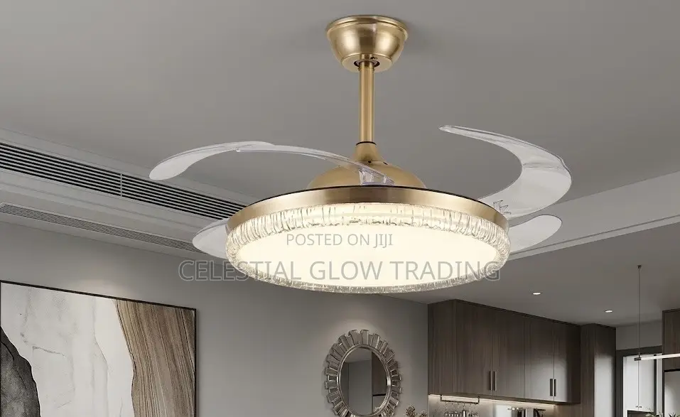 75w Modern Gold Retractable Ceiling Fan With Led Light Remote Control