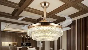 75w Modern Gold Retractable Ceiling Fan With Led Light Remote Control