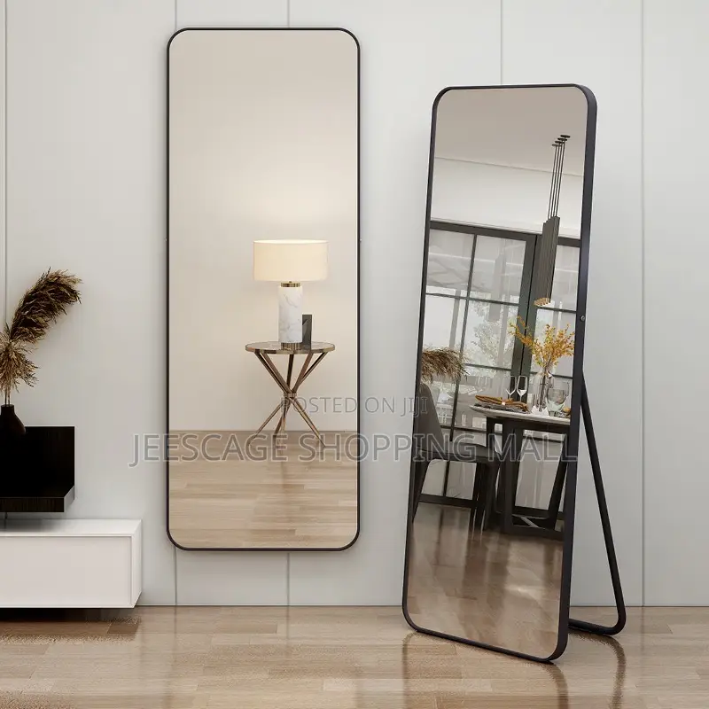 Full Length Freestanding Floor Mirror With Stand, Slim Black Frame