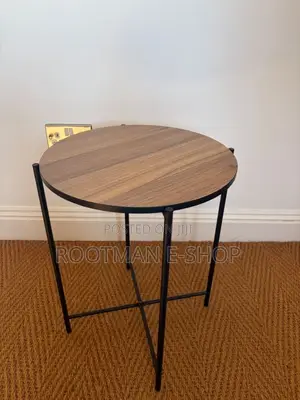 Walnut Veneer Top and Black Steel Frame Round Side Table