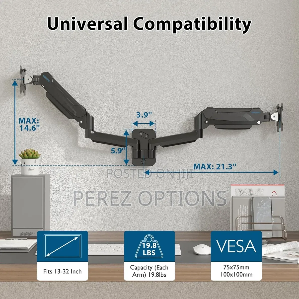 Adjustable Dual Monitor Wall Mount for 13-32" Screens, Vesa Compatible