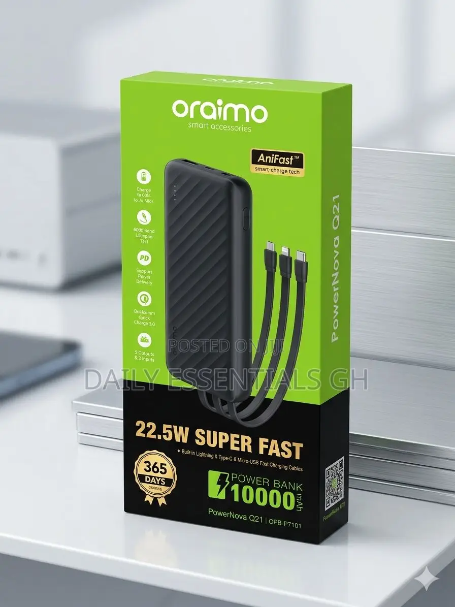 Oraimo 10000mah Fast Power Bank With Cables 22.5w – Compact