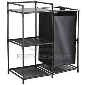 Black Multi-shelf Storage Rack With Laundry Hamper