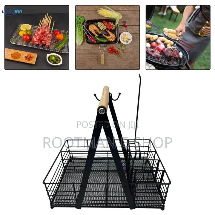 Black Metal Wire Caddy With A Wooden Handle For Organizing Picnic
