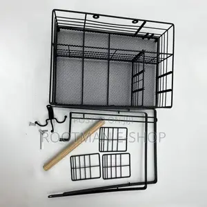 Black Metal Wire Caddy With A Wooden Handle For Organizing Picnic