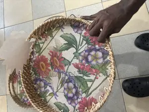 Round Serving Trays Featuring Floral Patterns and Wicker Edging
